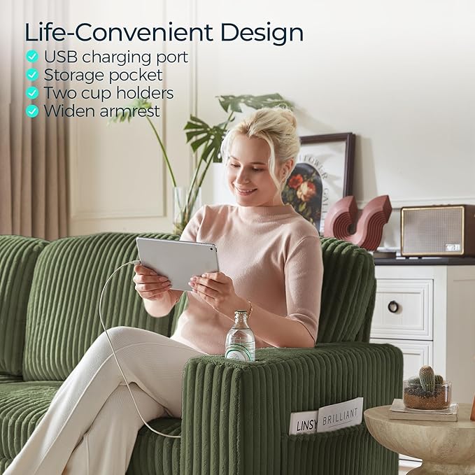 LINSY HOME Loveseat Sofa with Pull Out Couch Chaise: 2-in-1 Convertible 2 Seater Sofa with USB Charging & Cup Holders, Comfy Plush Corduroy Love Seat for Small Spaces Living Room Apartment, Green-Ruum Studio Home