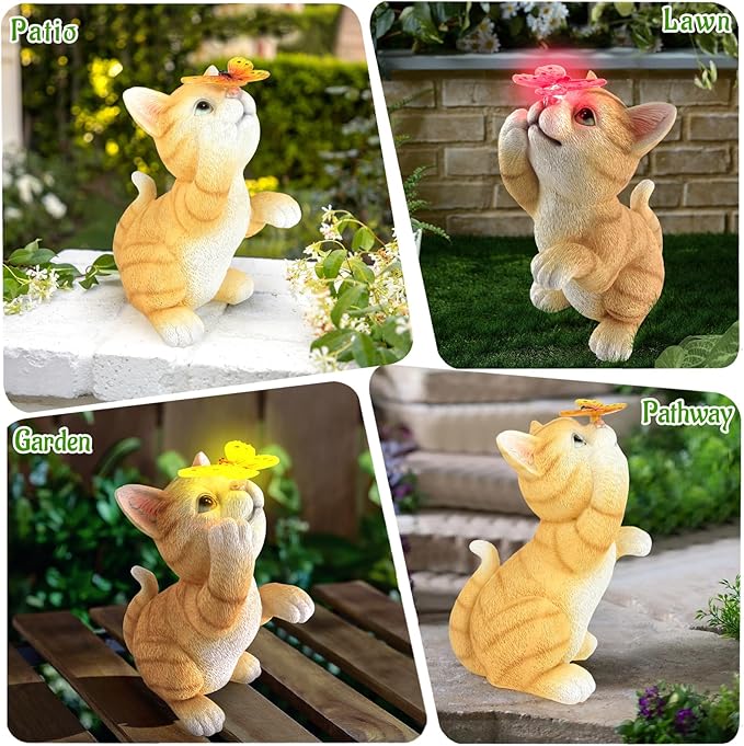 Solar Garden Statue Cat Figurine,Resin Cat Statue Playing Butterfly,Outdoor Decoration for Patio,Balcony,Yard, Lawn-Unique Housewarming Gift for Garden Mom Grandma-Ruum Studio Home