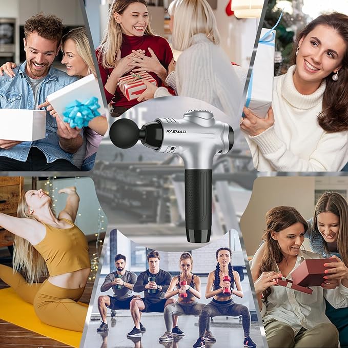RAEMAO Massage Gun, Handheld Electric Deep Tissue Muscle Massager for Athletes for Pain Relief Attaching 8 Replacement Heads, Percussion Massager with 10 Speeds, Father's Day Gifts, Silver-Ruum Studio Home
