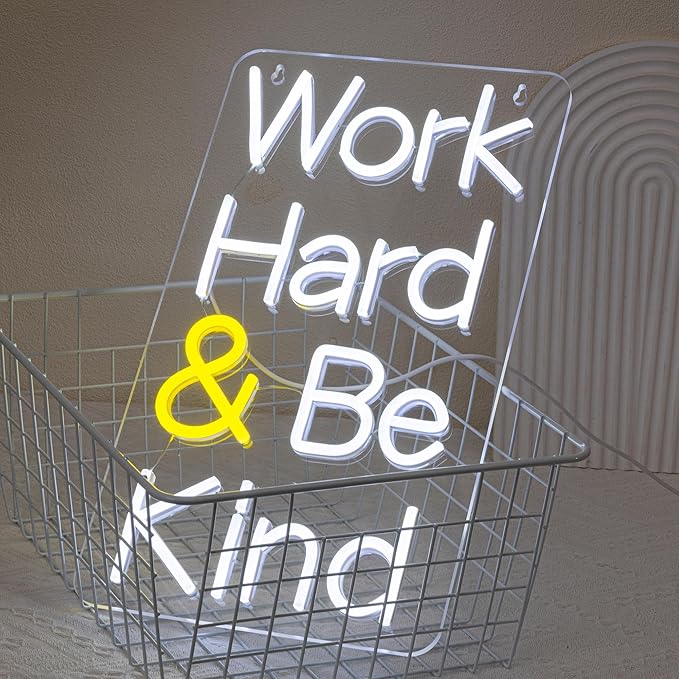 Work Hard Be Kind Neon Sign for Wall Decor Letter Neon Light Be Kind LED Neon Sign for Office White LED Neon Light for Offices Classroom Bedroom Study Room Decoration-Ruum Studio Home