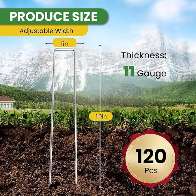 Landscape Staples 10 Inch 120 Pack, Garden Stakes Galvanized Garden Staples 11 Gauge, Plant Cover Stakes for Lawn Weed Barrier-Ruum Studio Home
