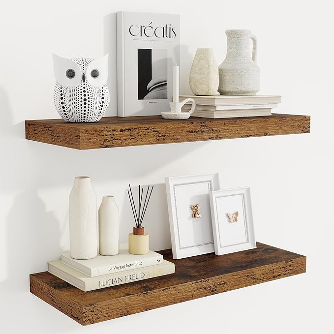 Fun Memories 24 Inch Floating Shelves for Wall, 9 Inch Deep Brown Rustic Wood Wall Mounted Shelves for Bathroom, Kitchen, Living Room, Set of 2-Ruum Studio Home