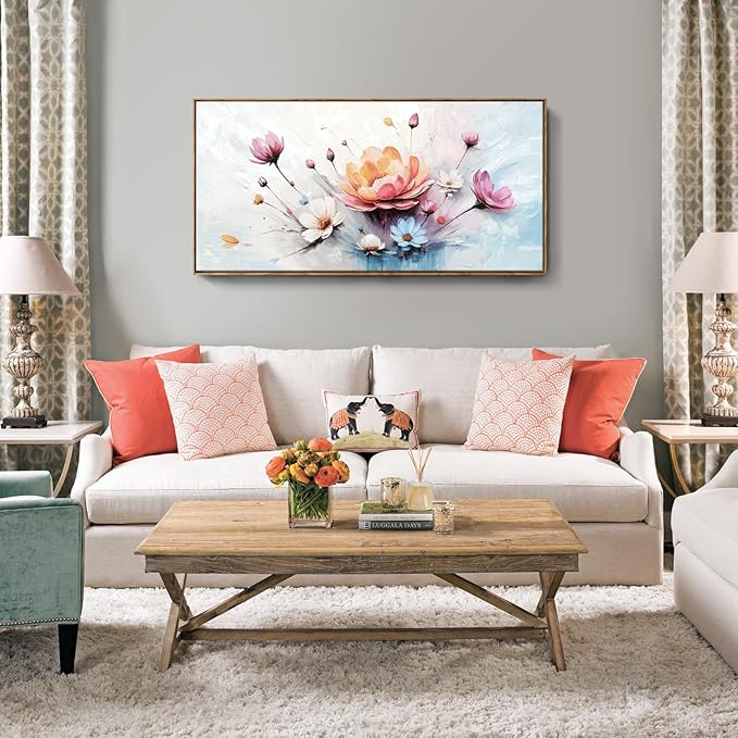 amatop Framed Floral Canvas Wall Art Picture Large Pink Blue Abstract Bloom Bouquet Print with Daisy Peony Elegant Botanical Nature Artwork for Living Room Bedroom Dining Room Entryway Decor 48x24 inch-Ruum Studio Home
