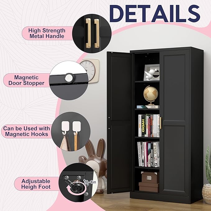 71" Storage Cabinet, Metal Pantry Cabinet, Kitchen Pantry Storage Cabinets with Doors and 4 Shelves for Laundry Room, Living Room, Dinning Room, Assembly Required, Black-Ruum Studio Home
