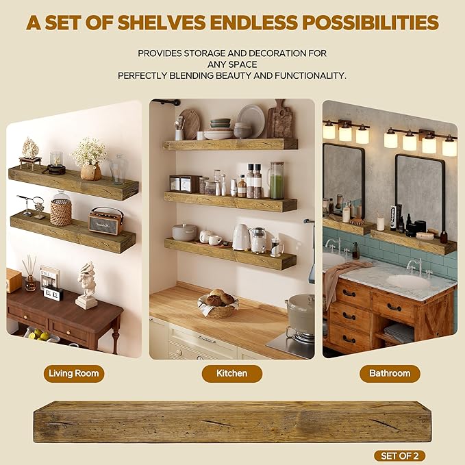 Floating Shelves 3 inch Thick for Wall Set of 2,Solid Pine Wood Wall Mount Shelf for Kitchen Living Room Bedroom Bathroom,8" D x 24" L x 3" H-Distressed Black Walnut-Ruum Studio Home