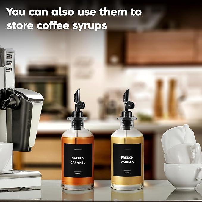 Olive Oil Dispenser Bottle - Includes 55 Kitchen Essential Labels - Cooking Oil Bottles for Kitchen, Coffee Syrup Dispenser - Pourer Spout with 11.8 fl oz Glass Container Cruet - 4pcs, Black-Ruum Studio Home