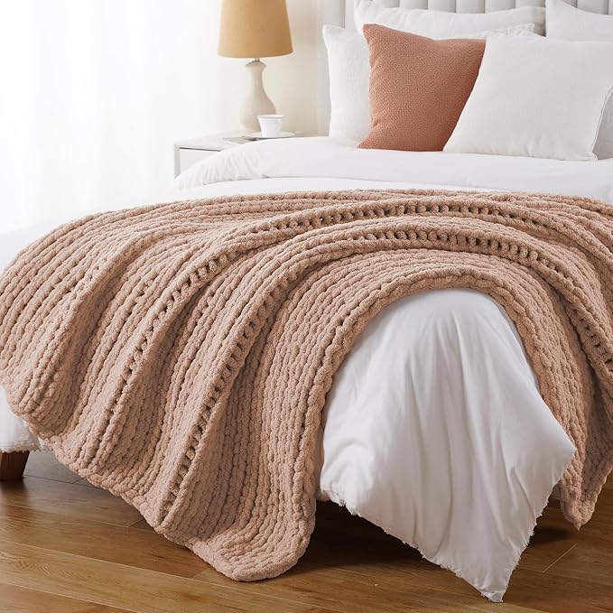 Battilo Chunky Knit Throw Blanket, Soft and Thick Chenille Throw Blanket, 50"x60" Handmade Cable Knit Crochet Blanket, Large Rope Knot Throw Blankets for Couch Sofa Bed Home Decor, Pink-Ruum Studio Home