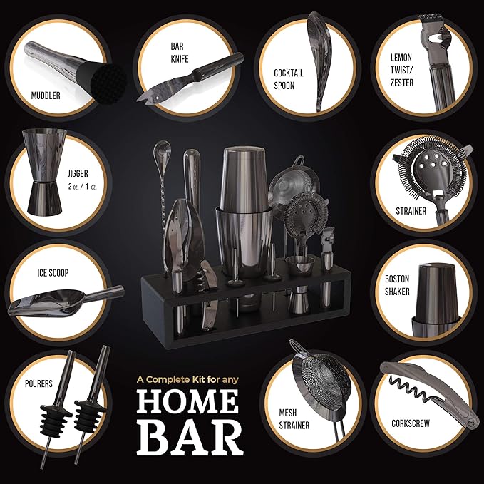 Highball & Chaser 13-Piece Gunmetal Black Stainless Steel Boston Cocktail Shaker Bar Tool Set with Mixology Bartender Kit Accessories-Ruum Studio Home