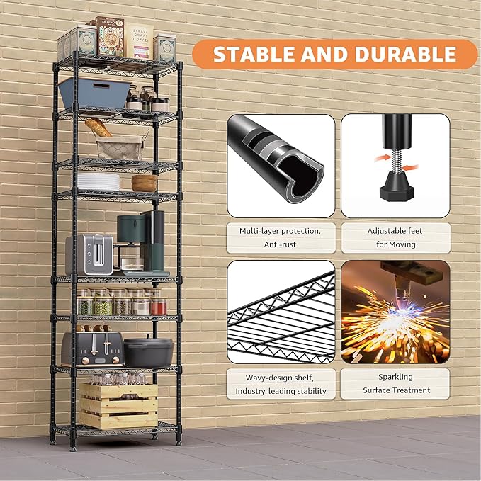 8 Tier 2000 lbs Storage Rack Metal Wire Shelving Unit, Storage Standing Shelf Organizer for Laundry Bathroom Kitchen Pantry Closet Garage Basement Utility Room, Black 13.8" D x 23.6" W x 79.5" H-Ruum Studio Home