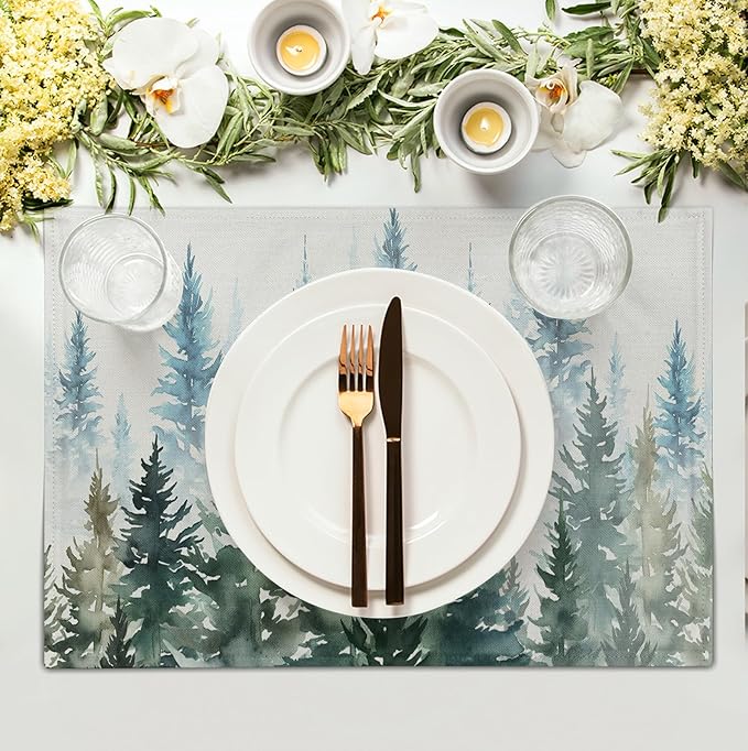 Watercolor Dark Green Tree Table Mats Set of 4 Rustic Nature Forest Pine Tree Placemats Seasonal Winter Holiday Place Mat Farmhouse Washable Linen Placemat for Dining Table Kitchen Christmas Decor-Ruum Studio Home