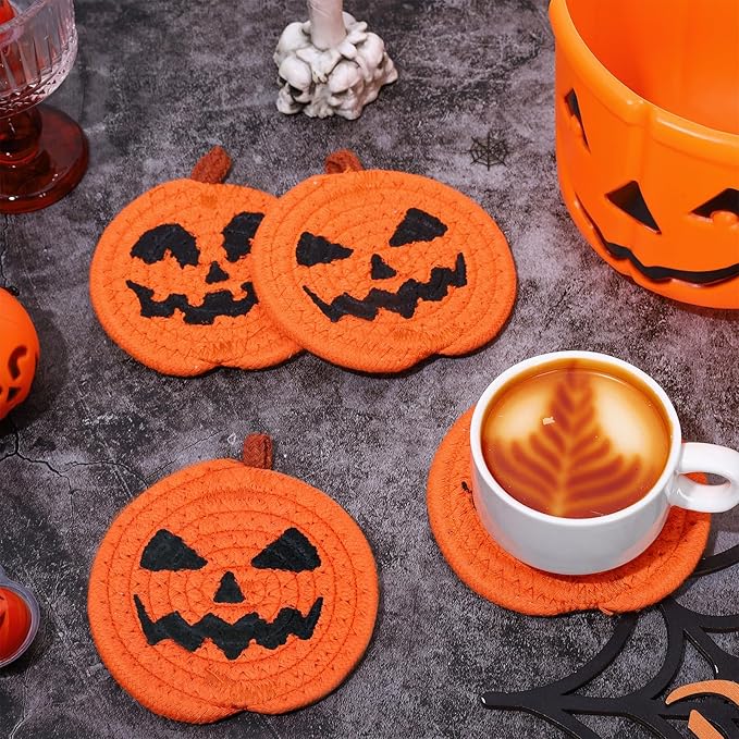 Whaline 4Pcs Halloween Pumpkin Handmade Braided Cotton Coasters Orange Black Pumpkin Shape Drink Coasters Absorbent Cup Coasters for Home Office Party Decor, 4.7 Inch-Ruum Studio Home