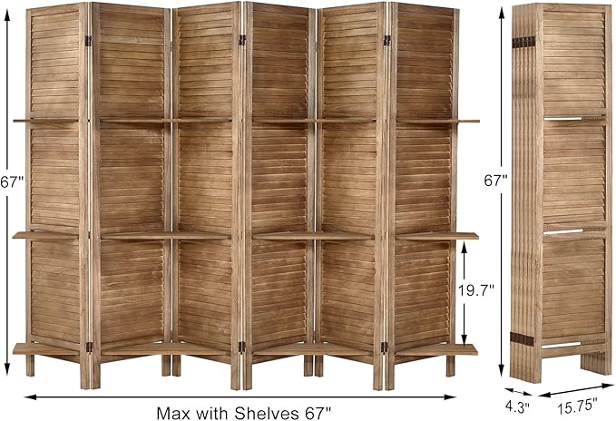 Room Divider with Shelves, Privacy Screen, Room Dividers and Folding Privacy Screens, 6 Panel Wood Temporary Wall Partition Separation Separator, Brown-Ruum Studio Home