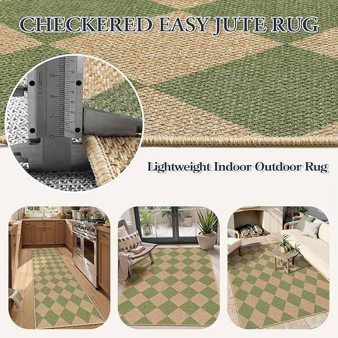 Lahome Checkered Green Runner Rug, 2x8 Carpet Runners for Hallway 8ft Non Slip Entryway Rug, Farmhouse Checkerboard Non Shedding Kitchen Mats for Floor Laundry Corridor-Ruum Studio Home