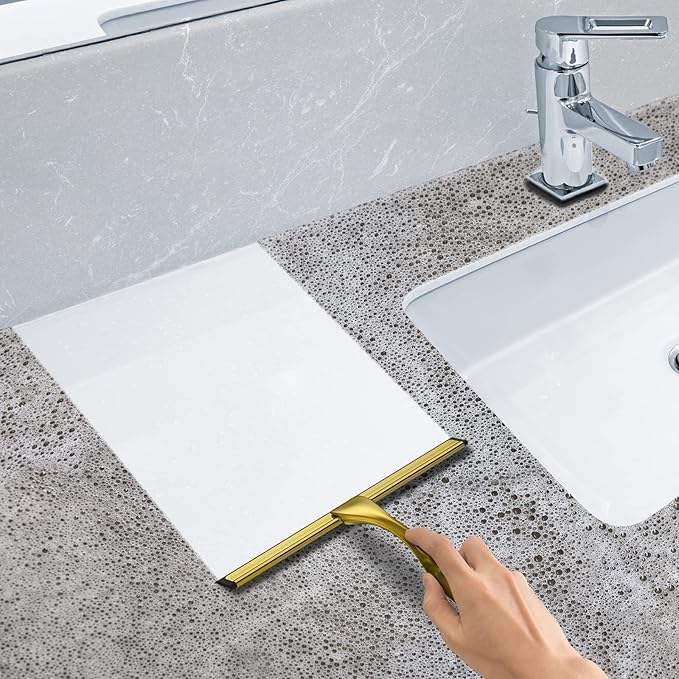 All-Purpose Stainless Steel Shower Squeegee for Shower Doors with 2 Adhesive Hooks, Bathroom Cleaner Tool Household Window Mirror Squeegee for Home Cleaning, Glass Door, Tile Wall, Car, 12 Inch Golden-Ruum Studio Home