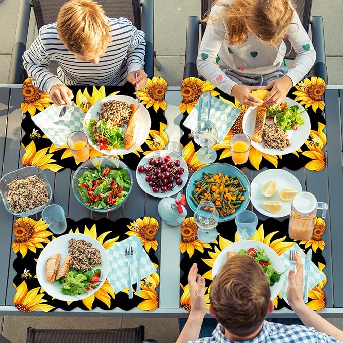 Sunflower Placemats Set of 6 Summer Plastic Table Mats Summer Floral Place Mats Washable Vinyl Seasonal Spring Sunflower Table Decoration for Indoor Outdoor Party Kitchen Dining-Ruum Studio Home