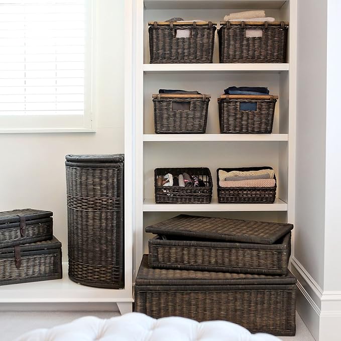 The Basket Lady Pole Handle Wicker Storage Basket, Large, 18 in L x 14.5 in W x 9 in H, Antique Walnut Brown-Ruum Studio Home