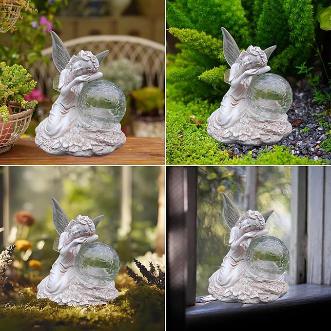 Fairy Garden Statue ，Solar Garden Decor ，Fairy Statue Outdoor with Glass Ball ，Waterproof Outdoor Decor，Suitable for Yard, Lawn ，Ideal for Holiday Giving (Left)-Ruum Studio Home