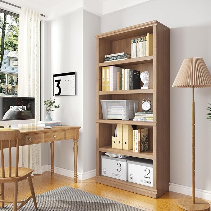 70 in Tall Bookcase, White Bookshelf Open Storage 5-Tier Shelves, 33 inch Wide Floor Standing Indoor Furniture, Book Cases for Home School Library Office Bedroom Kids, Oak 5 Tiers-Ruum Studio Home