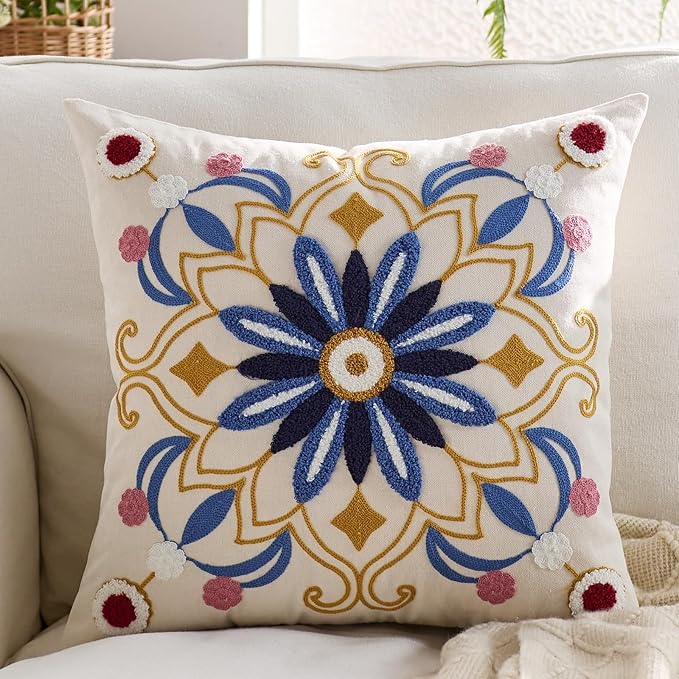 Embroidered Throw Pillow Cover 18x18 Classic Boho Floral Pattern Pillows Cover Outdoor Decorative Pillowcase,Durable Cozy Textured Cushion Case for Sofa Couch Bed Living Room,Blue-Ruum Studio Home