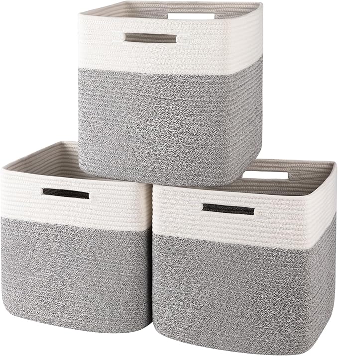OIAHOMY 13 Kallax Inch Cube Storage Bins, 3-Pack Cotton Rope Woven Baskets for Organizing, Kallax Insert Storage Baskets for Shelves, Baby Nursery, Closet Organizer, 13*13*12.6IN, Grey & White-Ruum Studio Home