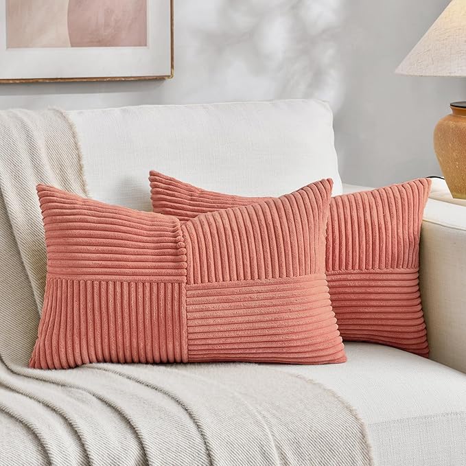 Fancy Homi 2 Packs Coral Long Lumbar Decorative Throw Pillow Covers 16x24 Inch for Couch Bed Sofa, Rustic Farmhouse Boho Home Decor, Soft Striped Corduroy Rectangle Accent Peach Cushion Case 40x60 cm-Ruum Studio Home