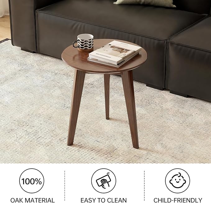 100% Solid Oak Round Side Table Set of 2, Small Bedside Table for Small Spaces, Living Room End Table with Stable Frame, Modern Nightstand for Bedroom Couch(Walnut, 17.71" D x 19.68" H)-Ruum Studio Home