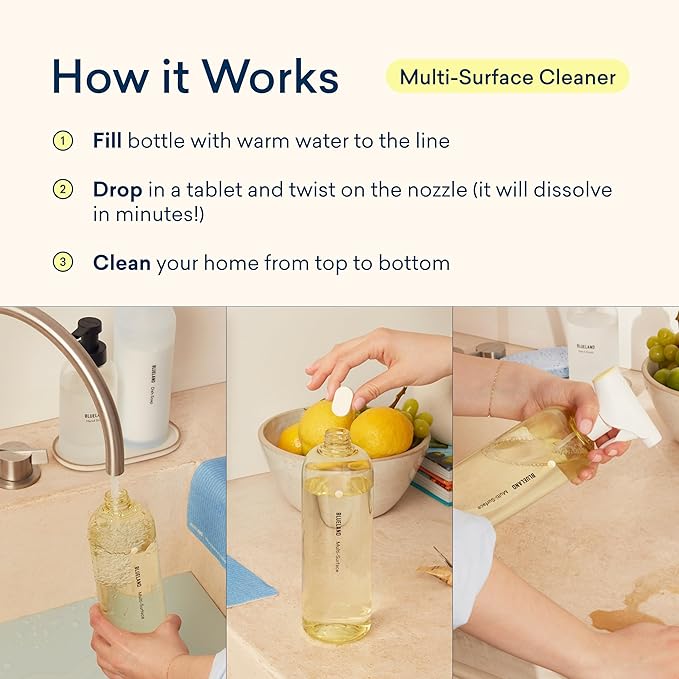 BLUELAND Multi-surface Cleaner, Starter Set, Fresh Lemon Scent, Spray Bottle with 4 Refill Tablets, All-Purpose, Eco-Friendly Cleaning Supplies, 4 x 24 Fl oz-Ruum Studio Home