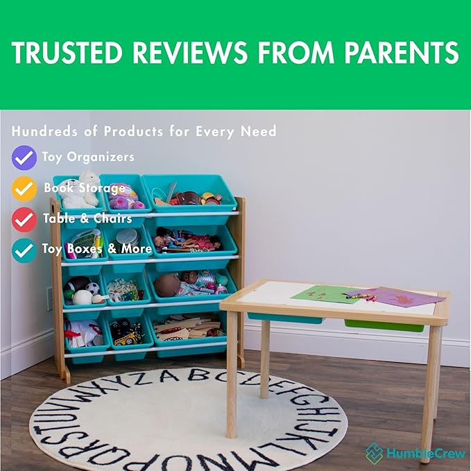 Humble Crew Kids Toy Storage Organizer with 12 Plastic Bins, Natural Wood/Aqua – Removable Bins for Playroom, Bedroom, Toddler Furniture for Boys and Girls Ages-Ruum Studio Home