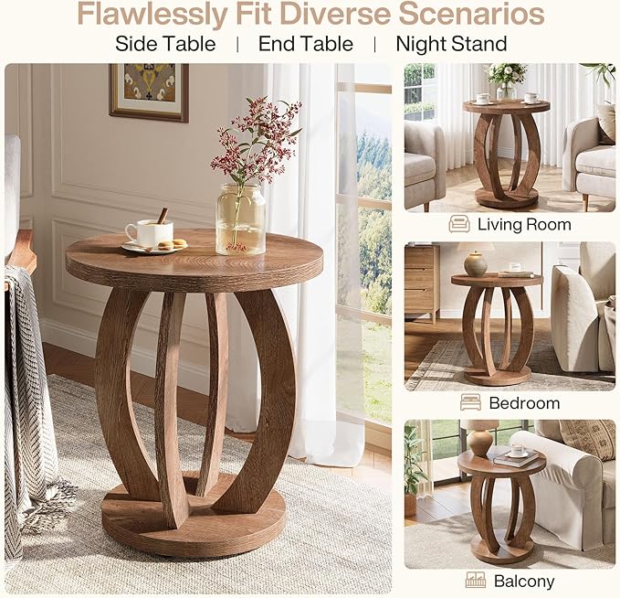 Tribesigns End Table, Round Side Table with Storage, Farmhouse Nightstand Bedside with Round Tabletop, Accent End Table for Living Room Bedroom Small Space, Wooden Accent Furniture (2, Brown)-Ruum Studio Home