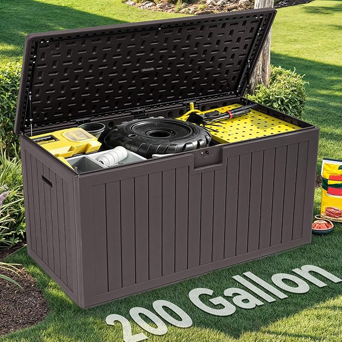 YITAHOME 200 Gallon Extra Large Deck Box, Double-Wall Resin Outdoor Storage Box with Flexible Divider for Patio Cushions Pool Supplies Garden Tools, 990 lbs Load Capacity, Lockable (Brown)-Ruum Studio Home