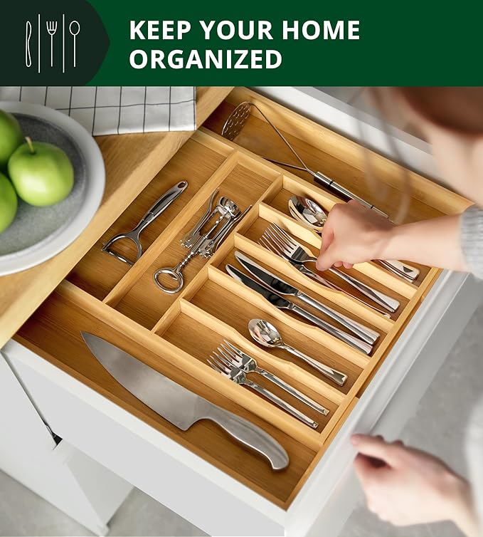 ROYAL CRAFT WOOD Luxury Bamboo Kitchen Drawer Organizer - Silverware Organizer, Utensil Holder & Cutlery Tray Drawer Dividers for Flatware (9 Slot, Natural)-Ruum Studio Home