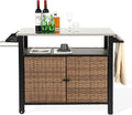 Grill Cart Outdoor with Wheels, Outdoor Prep Table with Wicker Storage and Rolling Wheels, Kitchen Island Serving Cart with Stainless Steel Table Top for BBQ, Porch, Patio, Brown-Ruum Studio Home