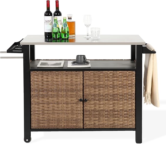 Grill Cart Outdoor with Wheels, Outdoor Prep Table with Wicker Storage and Rolling Wheels, Kitchen Island Serving Cart with Stainless Steel Table Top for BBQ, Porch, Patio, Brown-Ruum Studio Home