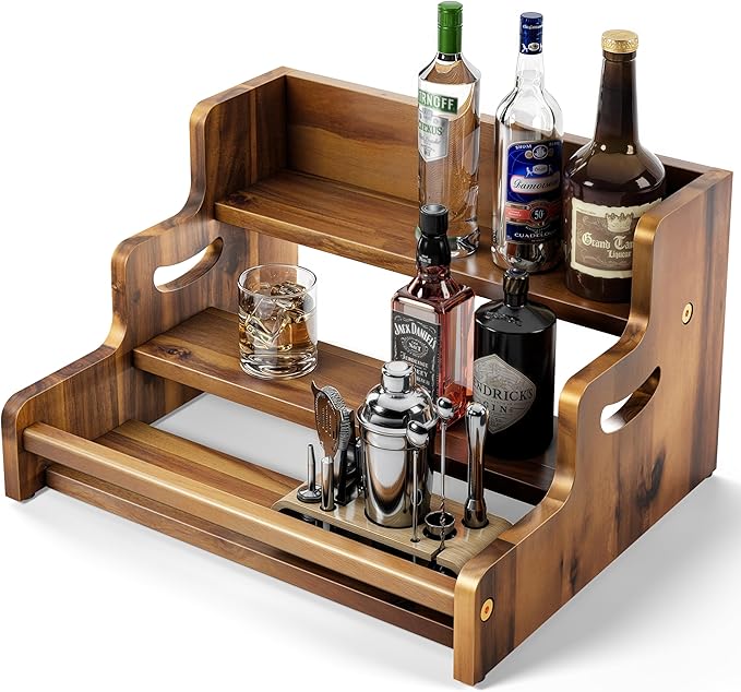 Tinamo Acacia Wood Liquor Bottle Display Shelf – 3-Tier Countertop Wine Rack, Bar Shelf – Whiskey Bar Stand for Home, Bottle Organizer for Countertop, Man Cave Decor – Wine Holder with Handles-Ruum Studio Home
