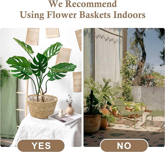 Athaliah Plant Basket Set of 3, Indoor Woven Planter Baskets with Plastic Liner, Water Hyacinth and Corn Husk Decorative Pots for Rustic Home & Floor Plant Decor (Natural Color-3)-Ruum Studio Home
