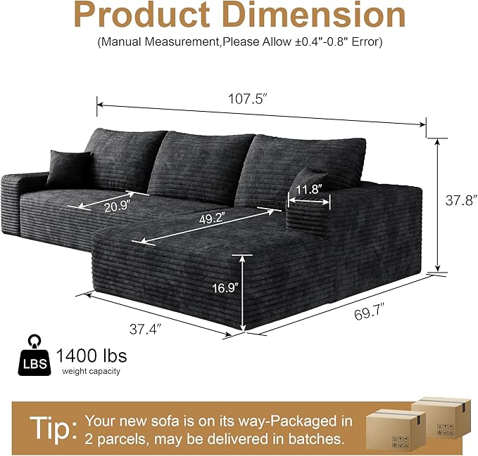 108" Sectional Couches for Living Room Modern Modular Sofa with L-Shape Couchs Upholstered Boneless Couch Deep Seat Sectional Couch with Chaise (Black, Right Facing Chaise+2Seaters)-Ruum Studio Home