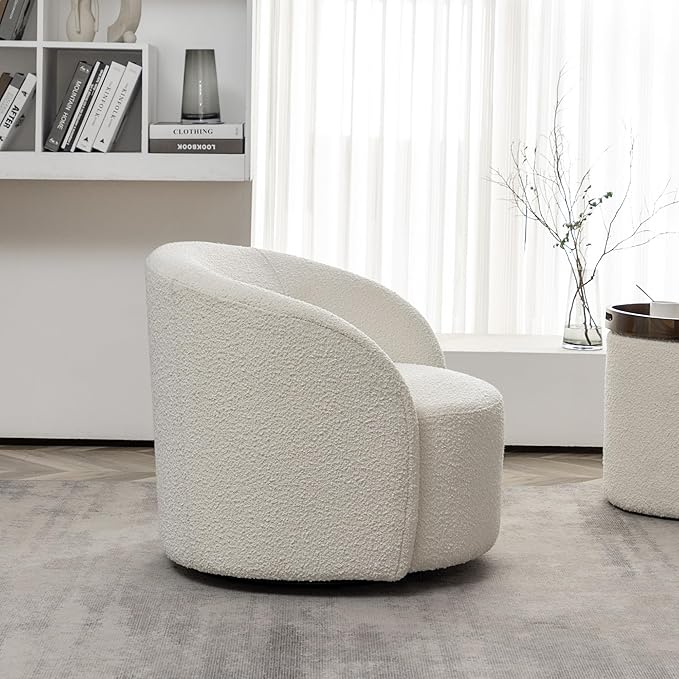 KINWELL 34" W Mid Century Modern Swivel Barrel Chair, Round Upholstered Boucle Swivel Accent Chairs, No Assembly Sofa Chair for Living Room Bedroom Reading Apartment Lounge Nursery(Cream)-Ruum Studio Home