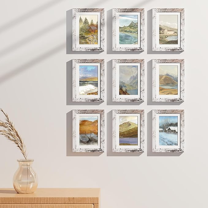 Vittanly 5x7 Picture Frames Set of 9, Shatter Resistant Plexiglass, Display 4x6 Pictures with Mat or 5x7 without Mat, Photo Frames for Wall or Tabletop, Engineered Wood, Distressed White-Ruum Studio Home