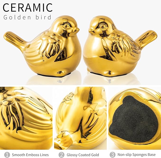 Set of 2 Small Birds Statues Gold Home Decor Modern Boho Style Figurine Decorative Ornaments for Living Room, Bedroom, Office Desktop, Cabinets, Shelf-Ruum Studio Home