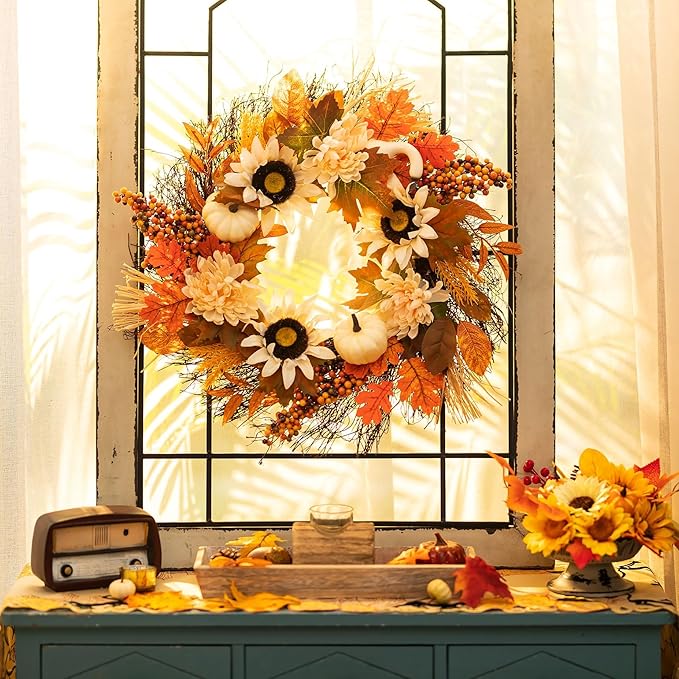 Fall Wreaths for Front Door Decor - Walasis 20 Inch Thanksgiving Wreath with Maple Leaves White Pumpkin Daisy Sunflower Wreath Autumn Harvest Decorations for Table Front Porch-Ruum Studio Home