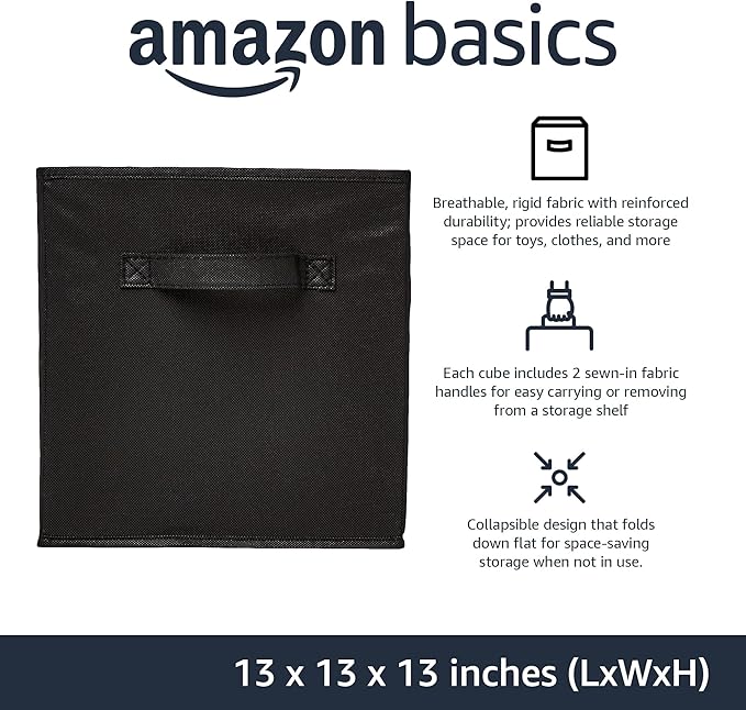 Amazon Basics Collapsible Fabric Storage Cube Bins Organizer with Handles, Sturdy, Black, 13-x-13-x-13-inch, Pack of 6-Ruum Studio Home