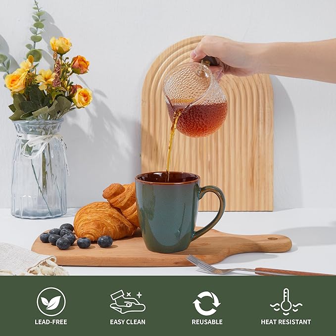 Coffee Mug 16 oz, Ceramic Coffee Mugs Set of 4, Reactive Glaze Mug for Latte/Tea/Cappuccino, Large Stackable Mug Set for Men, Women, Dad, Mom, Dishwasher & Microwave Safe, Brown Green-Ruum Studio Home