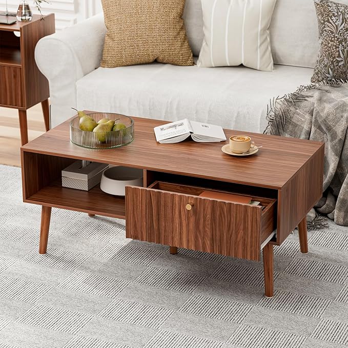 Coffee Table with Storage, Mid Century Dining Table with Fluted Drawer and Solid Wood Legs, Small Coffee Tables for Living Room, Walnut-Ruum Studio Home