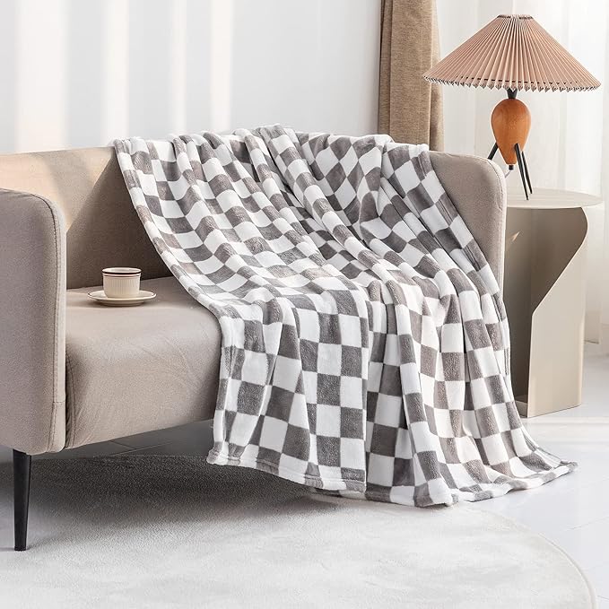 LOMAO Throw Blankets Flannel Blanket with Checkerboard Grid Pattern Soft Throw Blanket for Couch, Bed, Sofa Luxurious Warm and Cozy for All Seasons (Grey, 60"x80")-Ruum Studio Home