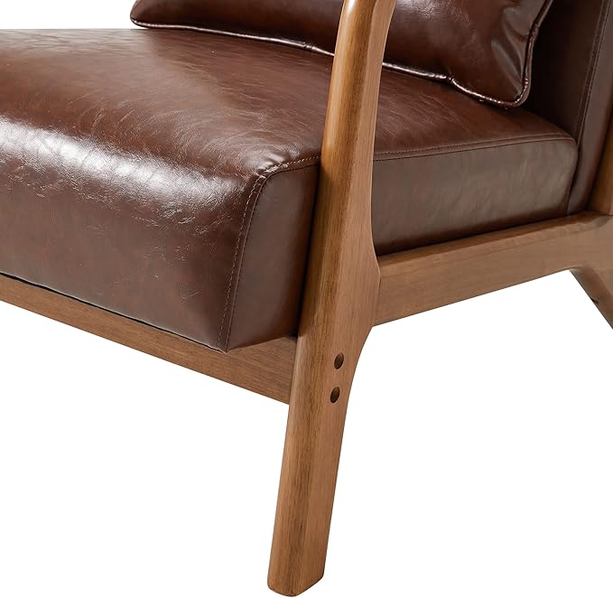 Glitzhome 2 Set Mid Century Coffee Accent Armchair, Single Reading Armchair PU Leather Lounge Chair with Walnut Ruberwood Frame-Ruum Studio Home