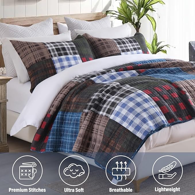 NEWLAKE Quilt Set Queen Size, Cotton Patchwork Blue Black Checkered Patterns Quilt Sets, Reversible Bedspread Lightweight and Breathable for All Seasons, Soft Quilted Bedspread with 2 Pillow Shams-Ruum Studio Home