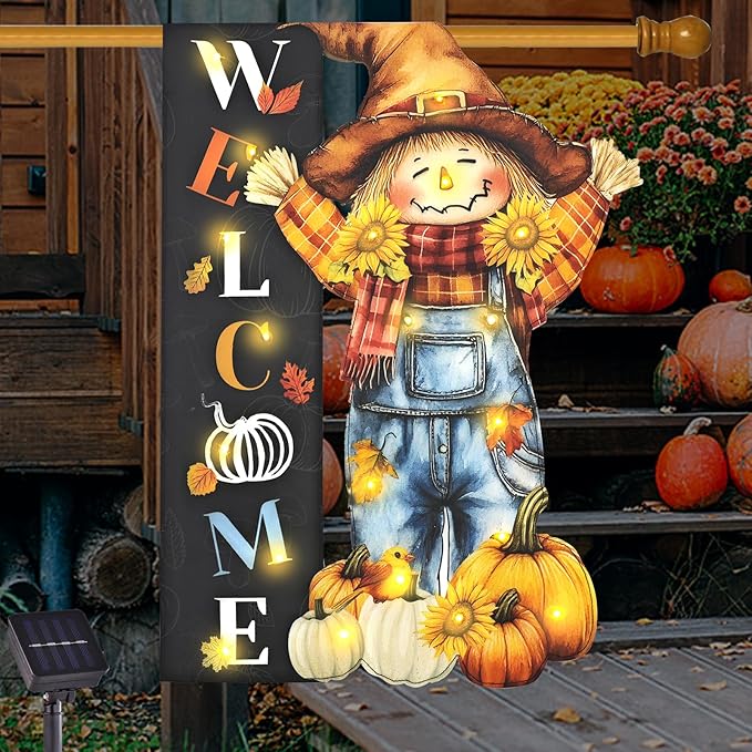 Thanksgiving Lighted Garden Flag, Solar Fall Outdoor Decor Yard Flag,8 Modes Led Scarecrow Flag,28x40 Double Sided Maple Leaf Pumpkin Bird Decorations for Home Porch-Ruum Studio Home