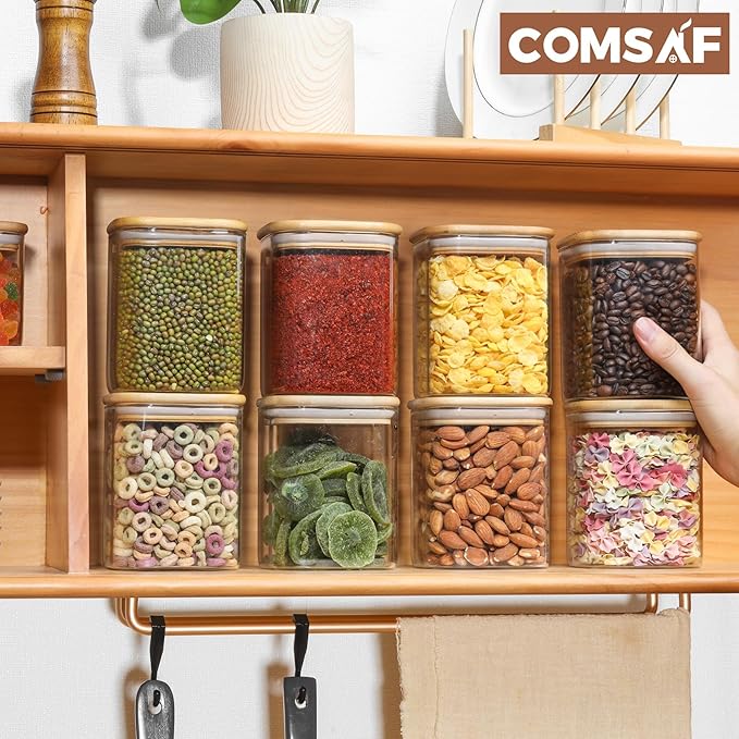 ComSaf 0.8 Qt Glass Food Storage Jars Set of 6, Clear Storage Containers with Airtight Lids, Pantry Organization Jar, Spice Jar, Blooming Tea, Oat, Coffee and Sugar Container, Canister Set for Kitchen-Ruum Studio Home