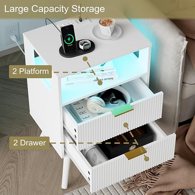 White Nightstand with Charging Station and LED Lights,Modern Bedside Table with 2 Storage Drawer and Open Wood Shelf, for Bedroom and Small Spaces,Night Stand with Solid Wood Legs,White-Ruum Studio Home