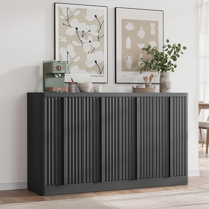 Fluted Buffet Cabinet with Storage, 60" Sideboard Buffet Storage Cabinet with 4 Doors & Adjustable Shelves, Wood Coffee Bar Credenza Accent Cabinet for Kitchen, Dining Room, Living Room, Black(1PCS)-Ruum Studio Home